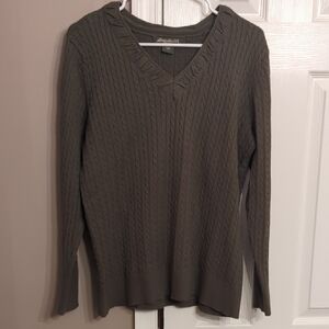 Eddie Bauer Olive V-Neck Cable Knit Sweater